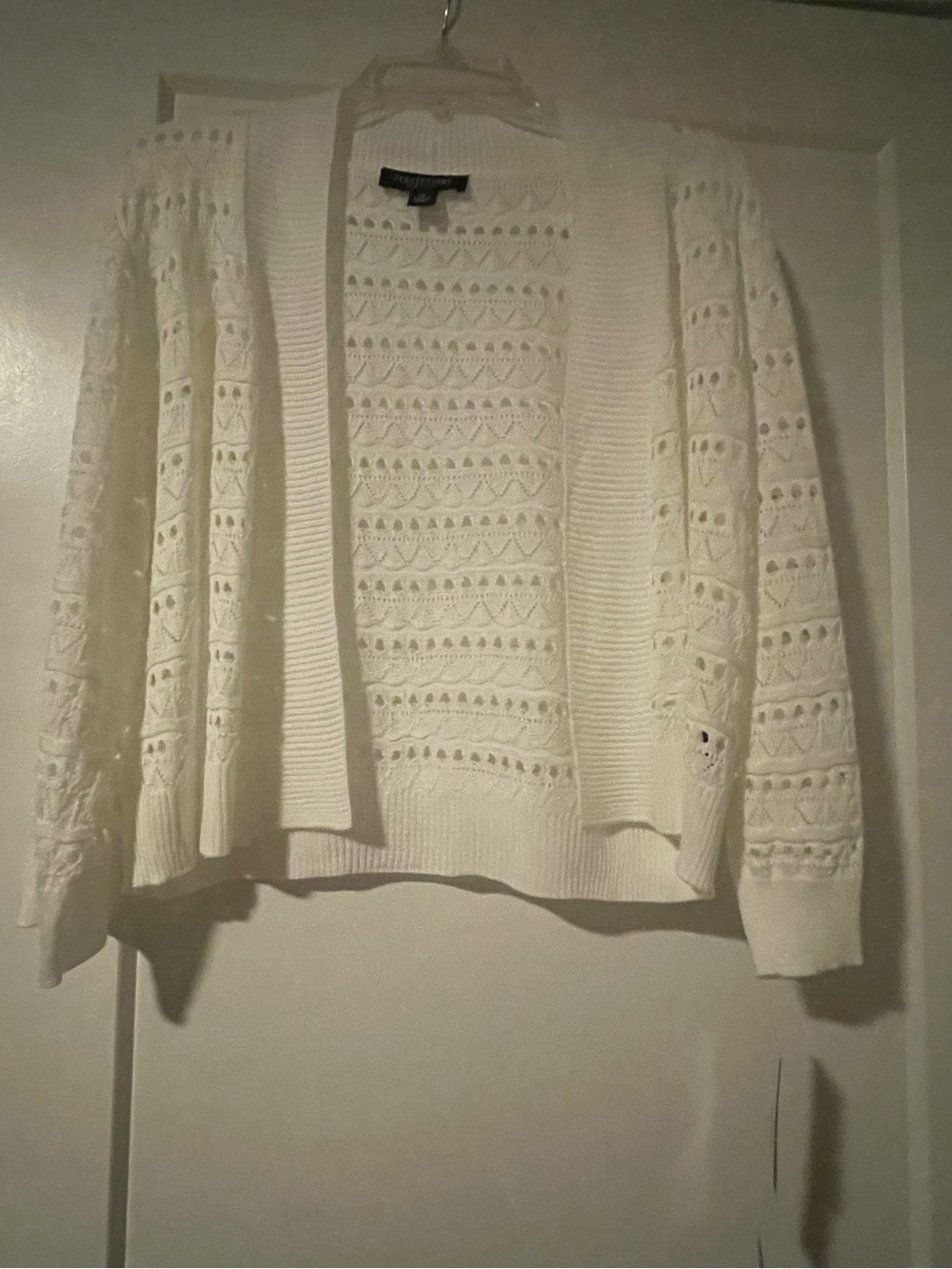NWT Perceptions White Open-Front Eyelet Knit SHRUG size XL 3/4 length sleeves.
